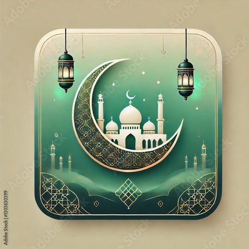 Generative AI image of Islamic design with green gold color showing crescent moon mosque with glowing lanterns, peaceful Ramadan atmosphere