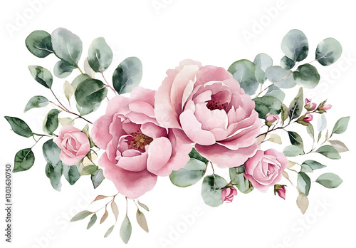 Fototapeta Naklejka Na Ścianę i Meble -  Watercolor floral illustration. Pink flowers and eucalyptus greenery bouquet. Dusty roses, soft light blush peony - border, wreath, frame. Perfect wedding stationary, greetings, fashion, background