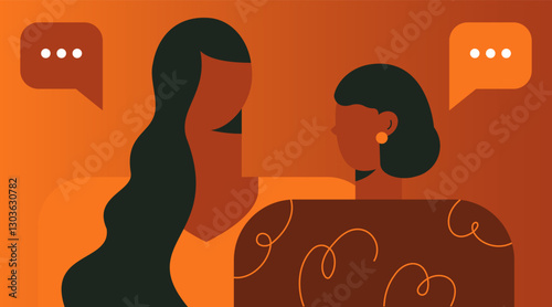 Two silhouette dark skinned face head in profile talk. Abstract minimal vector illustration of ethnic group of black African, African American beautiful women. Racial equality and emancipation concept