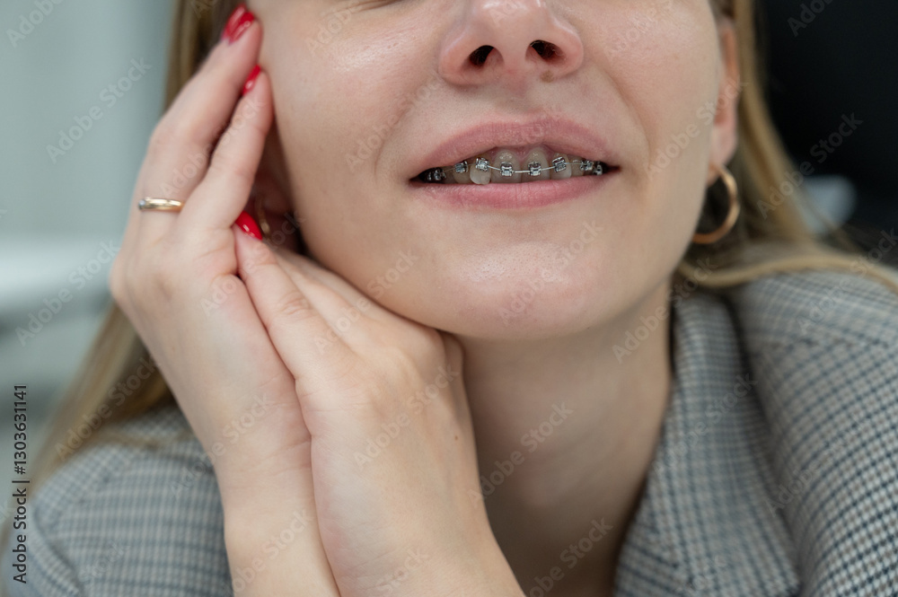 Woman smiling with braces on her teeth. Woman smiling with braces on her teeth.