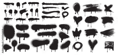 Set Of Spray Graffiti Element, Black Splatter Vector Brush Drip Freehand Kit, Urban Street Grunge. Spray Graffiti Dark Splash. Hand Draw Writing Stain Splash, Dirty Messy Airy Ink Stroke And Circles
