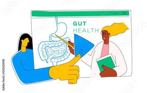 Woman learns online at webinar about gut health. Video in browser with Play button.