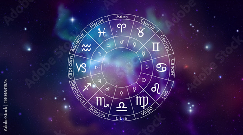 Circle with Zodiac Signs on Colorful Starry Space Background. Vector Illustration