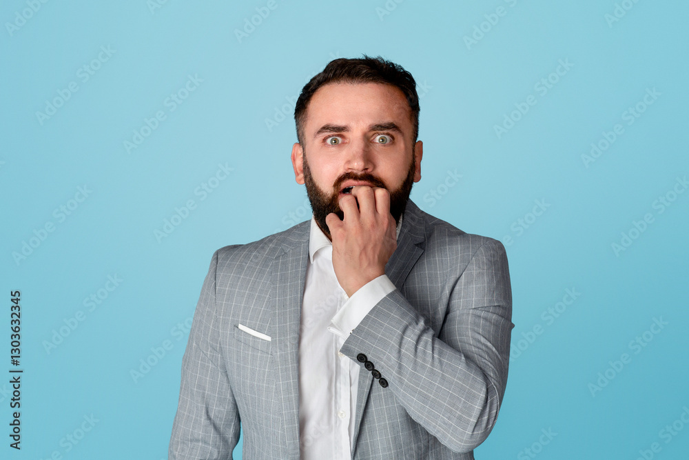 Stress management concept. Scared businessman biting fingernails in panic on blue background Stress management concept. Scared businessman biting fingernails in panic on blue background