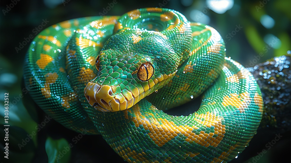 Fototapeta premium Green tree python coiled rainforest branch wildlife closeup