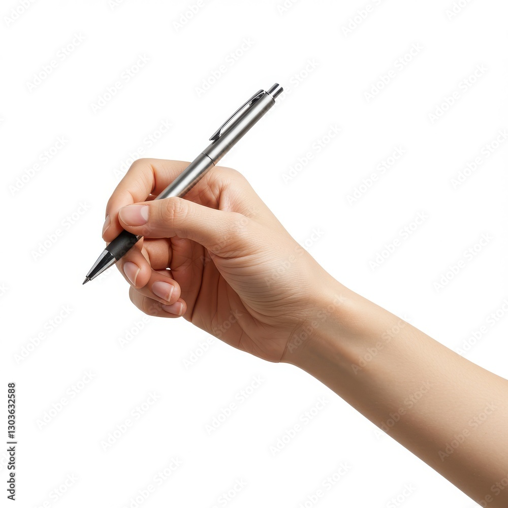 Close-up of a hand holding a silver pen in a writing gesture isolated on a white background for a minimalist and precise advertising aesthetic
