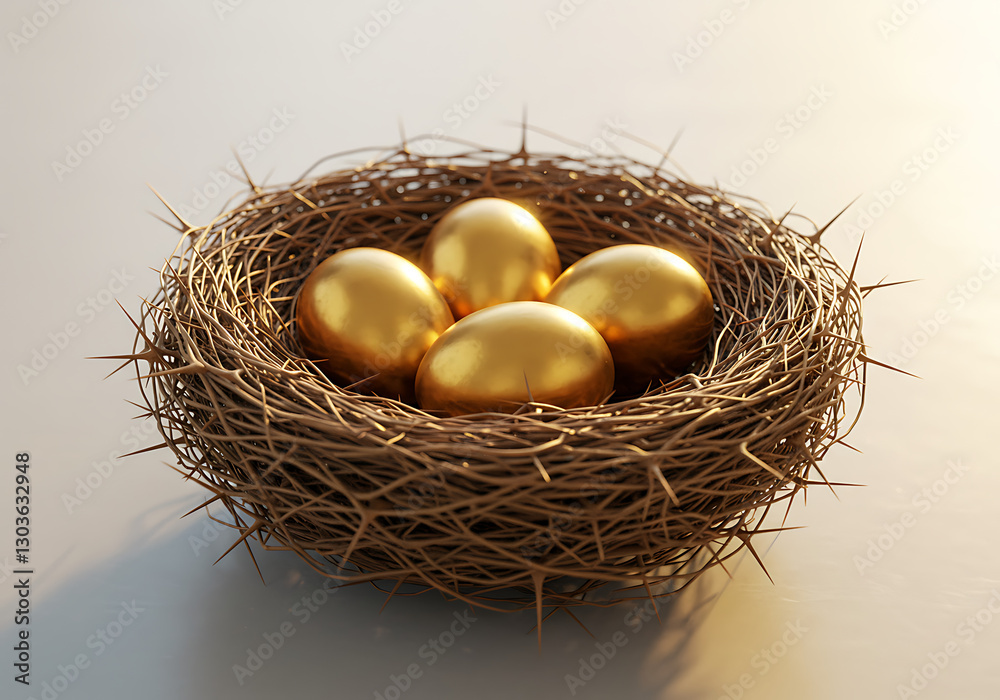A golden egg in a bird's nest reminiscent of a thorn bush. A crown of thorns. A golden egg in a bird's nest reminiscent of a thorn bush. A crown of thorns.