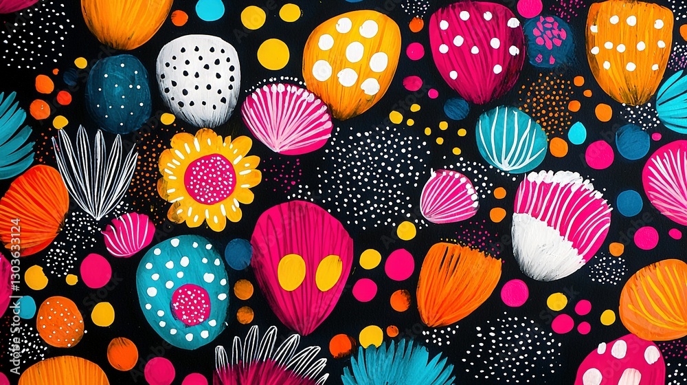 Naklejka premium A vibrant artwork showcasing a variety of hued blossoms against a dark canvas, adorned with spheres and specks, featuring a striking white focal point at its