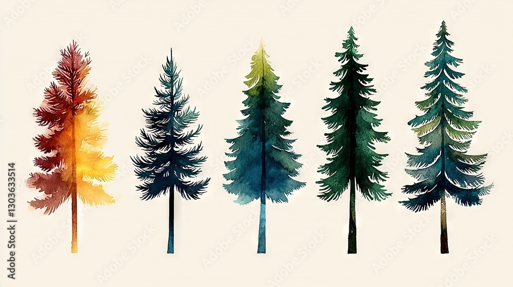 Fototapeta premium A row of trees painted with watercolors on a white background in various shades of green, yellow, and red