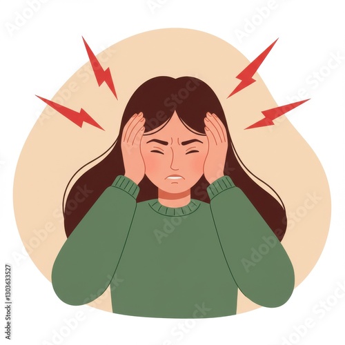 Cartoon illustration of a woman with a headache and stress symbols in a minimalist design for mental health and migraine awareness visualization