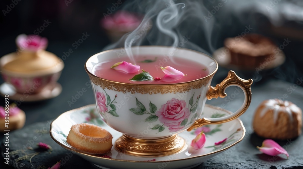 Fototapeta premium Elegant Tea Time: Floral Infusion in a Classic Porcelain Cup with Steam and Pastries