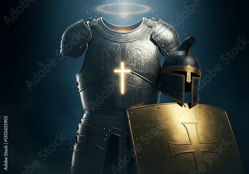 Knight's Armor: Divine Protection, Glowing Cross, Dramatic Darkness