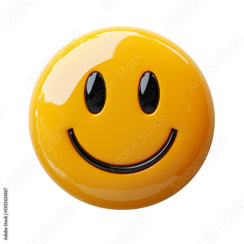 Bright yellow smiley face icon with glossy finish reflecting light in cheerful design