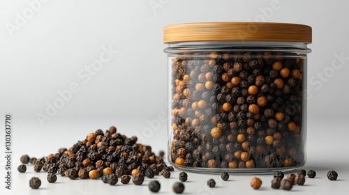 Black peppercorns in glass jar on white background  
