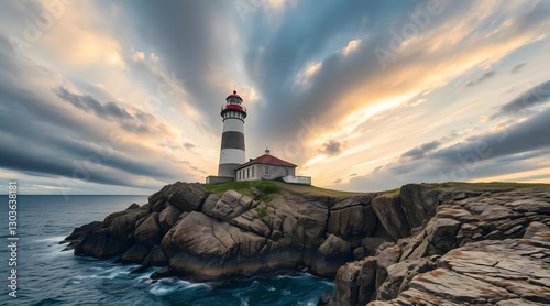 Wallpaper Mural A stunning lighthouse stands tall against a backdrop of dramatic clouds and a vibrant sunset, illuminating the rocky coastline and ocean waves.    Torontodigital.ca