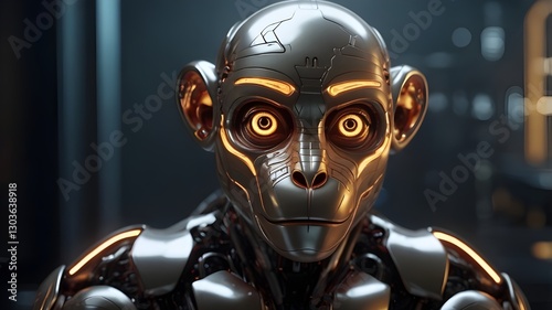 AI GENERATE, A robotic monkey with a sleek metallic design, glowing eyes, photo