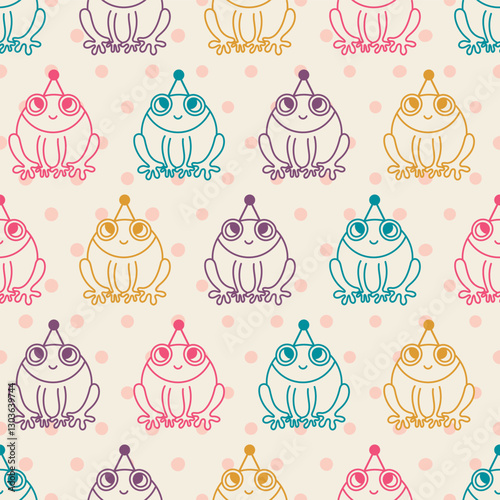 Vector party frogs seamless pattern design. This funny frog pattern is perfect for all sorts of happy celebrations. Perfect for kids parties, wrapping paper or gift bags! 