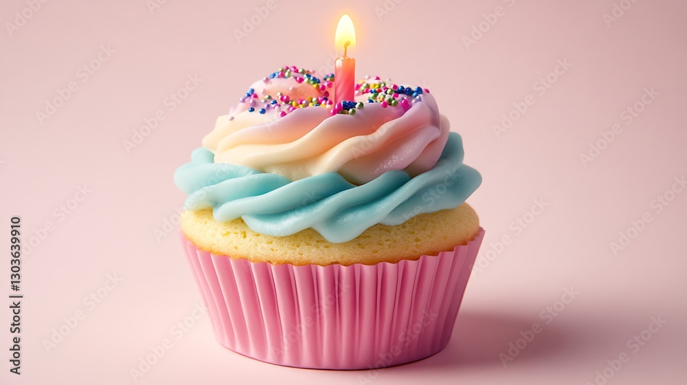 Colorful Cupcake with Sprinkles and Candle on Pink Background Colorful Cupcake with Sprinkles and Candle on Pink Background