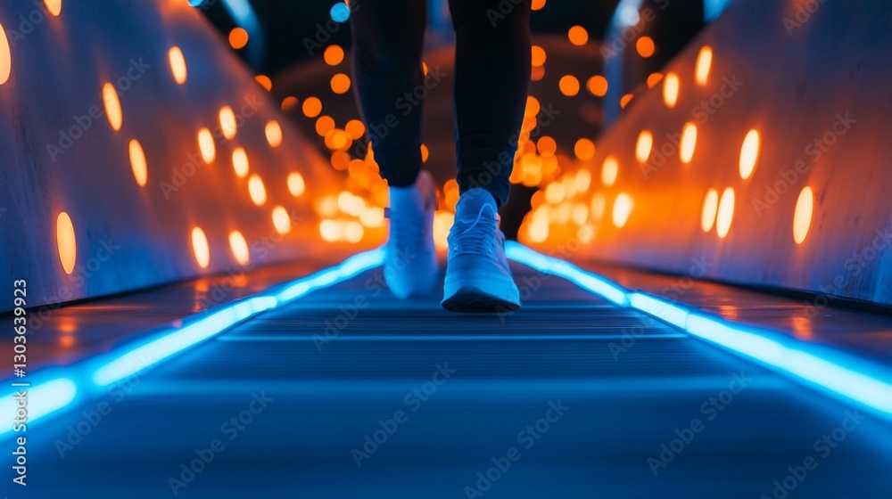 Fototapeta premium A person walking on a brightly lit pathway with glowing lights.