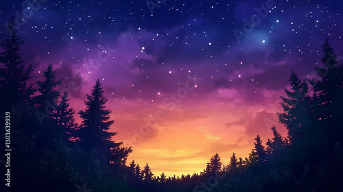 Stunning night sky filled with stars and a colorful sunset over a peaceful horizon. Wonderment - Forest. Illustration