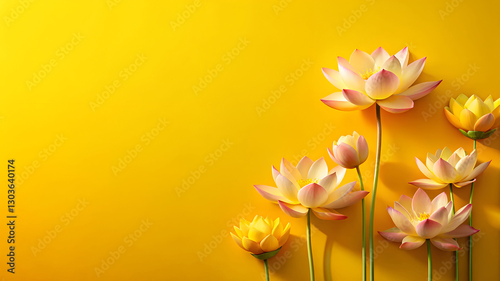 Obraz premium Elegant Pink and Yellow Lotus Flowers Blooming Against Vibrant Yellow Background with Soft Lighting and Minimalist Botanical Composition