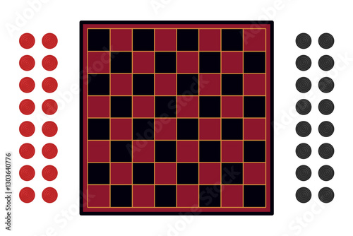 Checkers or draughts game set with checkers board and pieces in red and black vector illustration