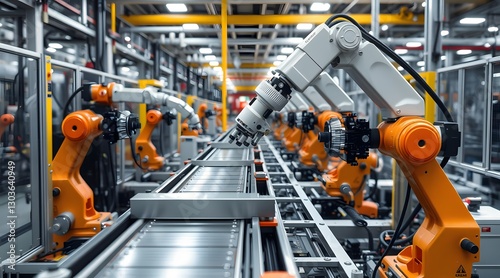 Advanced robotic arms in a modern factory assembly line, showcasing automation and efficiency in manufacturing processes for enhanced productivity.   