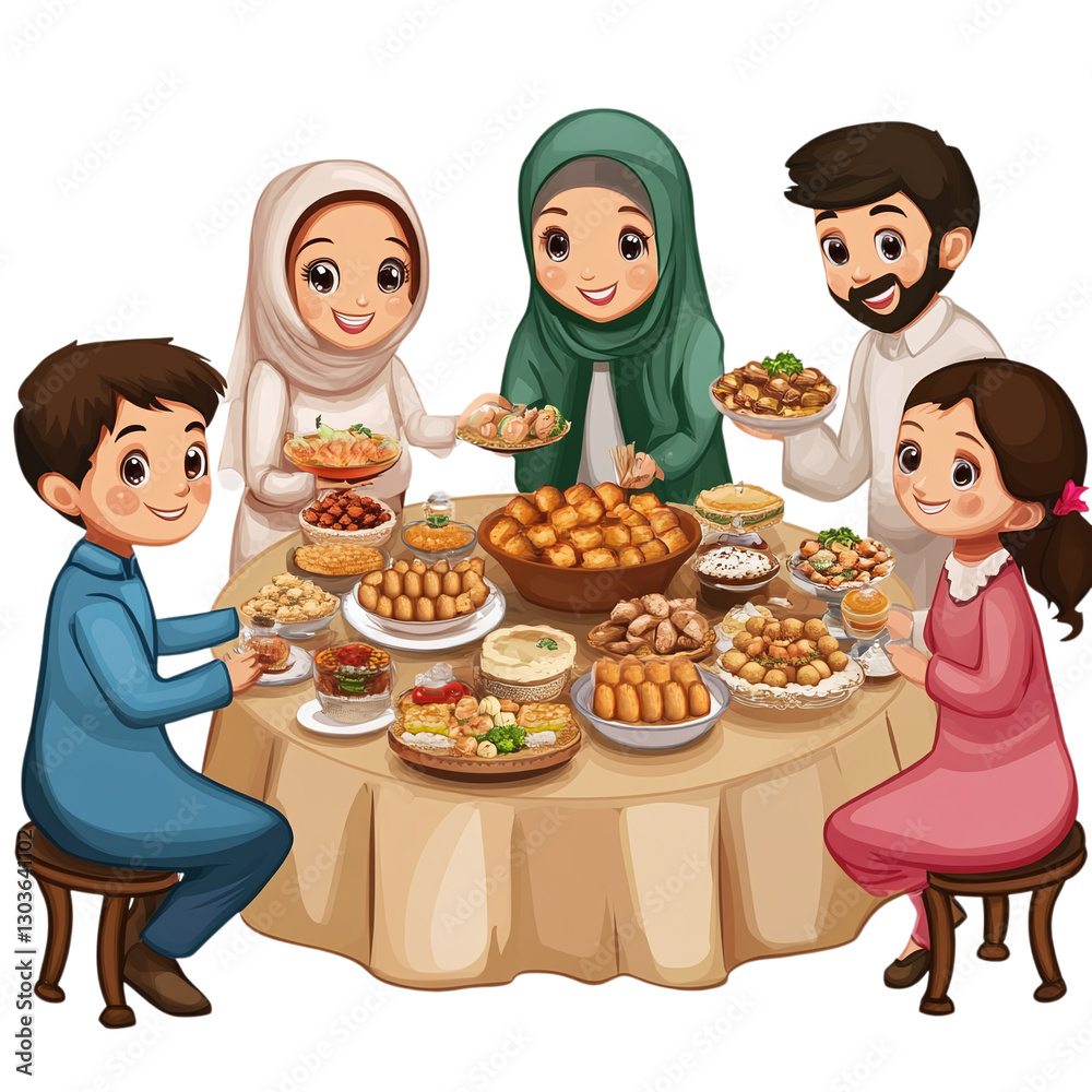 A happy family gathering around the Eid table with traditional foods and sweet dishes isolated on transparent background A happy family gathering around the Eid table with traditional foods and sweet dishes isolated on transparent background