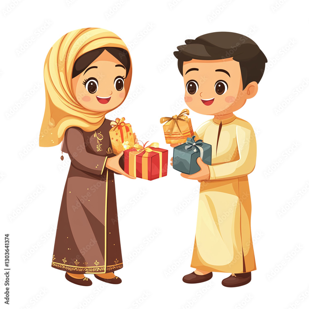 A cute couple wearing traditional Eid outfits, smiling and exchanging gifts isolated on transparent background A cute couple wearing traditional Eid outfits, smiling and exchanging gifts isolated on transparent background