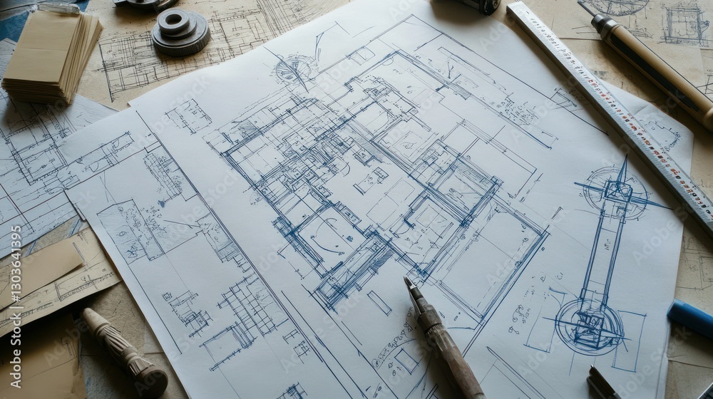 Architectural blueprints on table, tools, and materials Architectural blueprints on table, tools, and materials