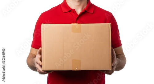 Man in Red Holding Cardboard Box Package Ready for Delivery