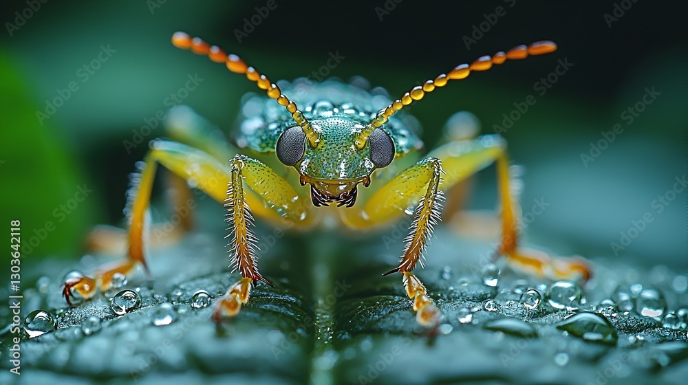 Fototapeta premium Close-up macro of a colorful beetle on a dewy leaf