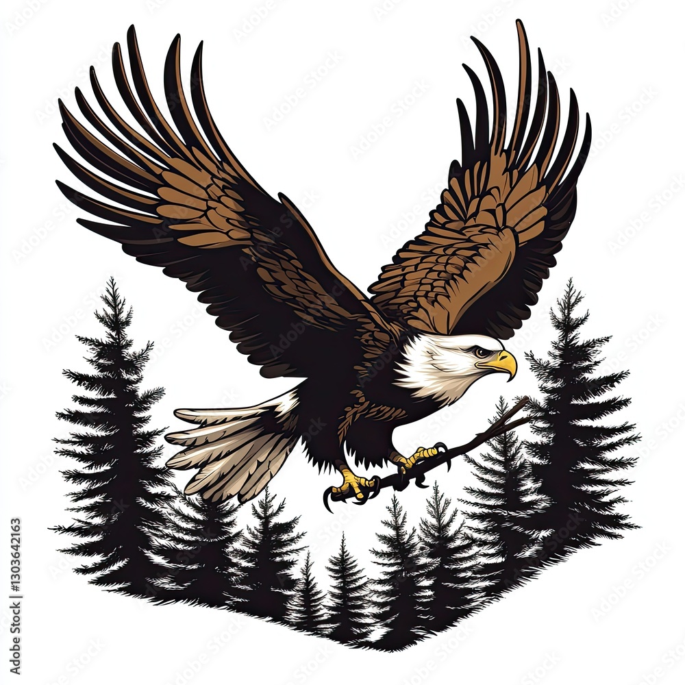 Naklejka premium Eagle Soaring Over Forest (1)