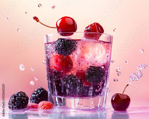 Close-up of a refreshing fruit soda with cherries, blackberries, and bubbles, splashing water droplets, representing a vibrant and refreshing summer beverage. photo