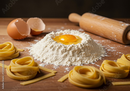 Pasta Making with Raw Ingredients: Egg Flour and Rolling Pin. Fresh pasta preparation with egg yolk in flour nest. Traditional pasta making process on wooden surface