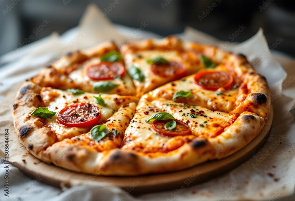 Delicious Margherita Pizza with Fresh Basil and Tomatoes on Wooden Board Delicious Margherita Pizza with Fresh Basil and Tomatoes on Wooden Board