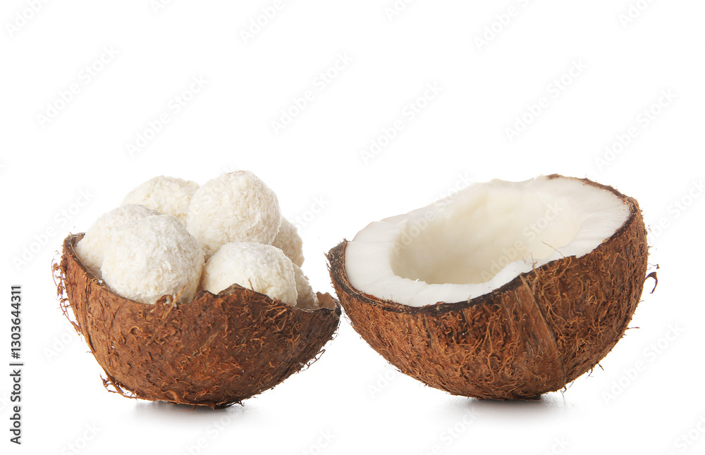 Coconut shell with delicious chocolate candies isolated on white background Coconut shell with delicious chocolate candies isolated on white background