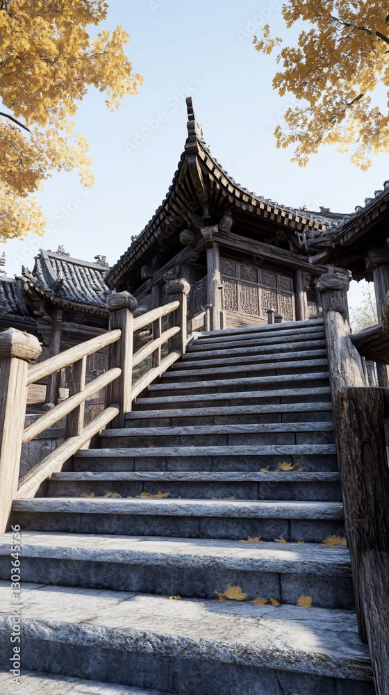 Autumn temple stairs, golden leaves, peaceful scene, zen garden Autumn temple stairs, golden leaves, peaceful scene, zen garden