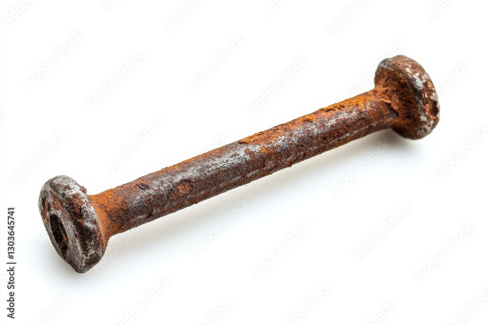 A weathered metal bar, heavily rusted, lies flat on a pristine white surface isolated on transparent background A weathered metal bar, heavily rusted, lies flat on a pristine white surface isolated on transparent background