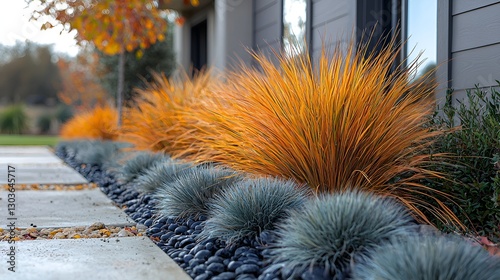 Autumn landscaping with grasses and stones. Residential exterior. Possible stock use photo