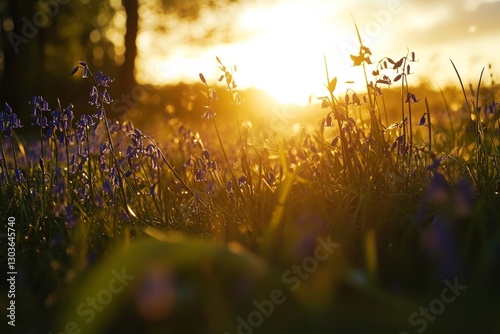 field rife with bluebells under a golden sunset photo