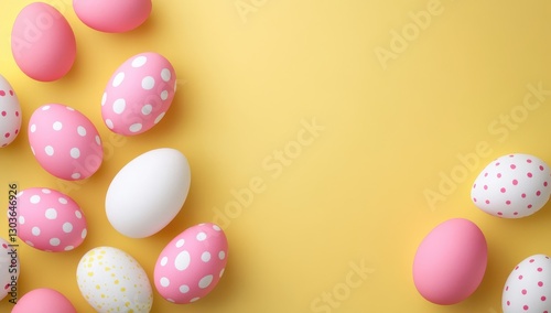 Brightly colored Easter eggs scattered on a vibrant yellow background