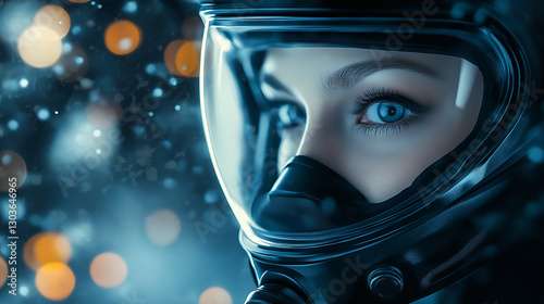Woman wearing futuristic helmet and gas mask in a sci-fi setting