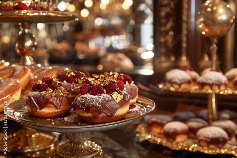 Elegant presentation of gourmet donuts topped with chocolate, fresh raspberries, and gold leaf in a luxurious setting, ideal for premium dessert scenes and fine dining photography. Elegant presentation of gourmet donuts topped with chocolate, fresh raspberries, and gold leaf in a luxurious setting, ideal for premium dessert scenes and fine dining photography.