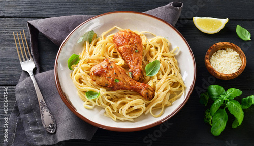 hauts de cuisse de poulet rôti et pâtes dans une assiette photo