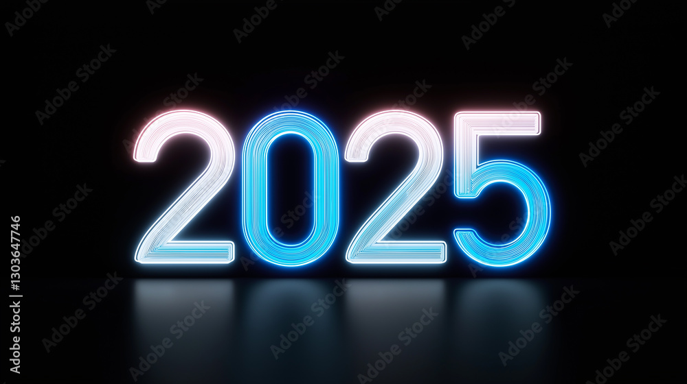 Neon sign showing year 2025 reflecting on dark background Neon sign showing year 2025 reflecting on dark background