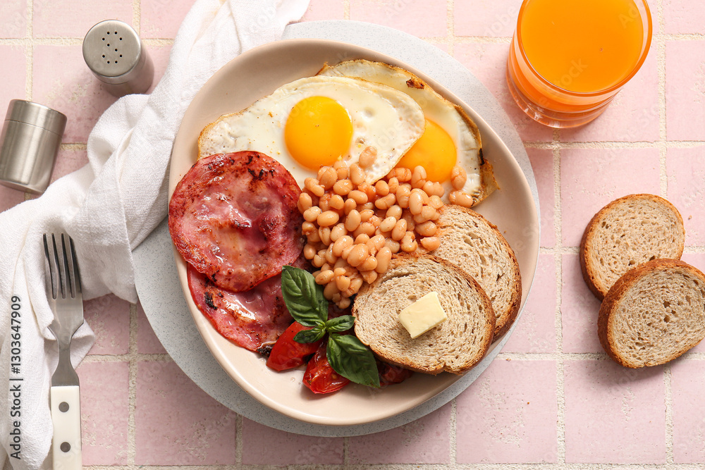 Fototapeta premium Plate with tasty English breakfast and glass of juice on pink tile background