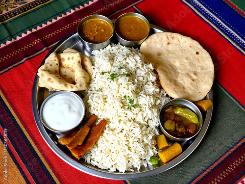 Traditional Indian thali with dal, rice, roti, raita and pickles, served on a steel plate.