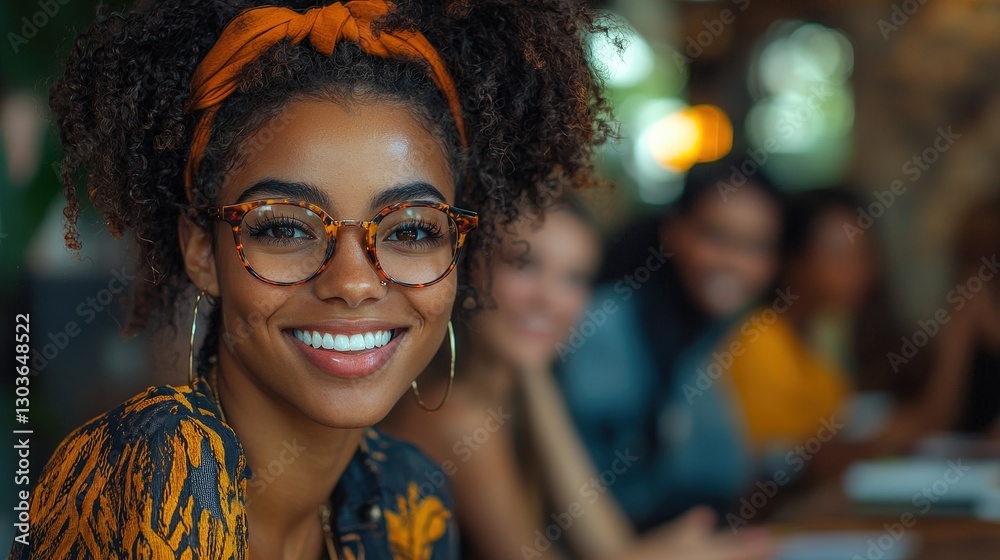 Beautiful smiling woman with glasses enjoying the pleasant ambiance Beautiful smiling woman with glasses enjoying the pleasant ambiance