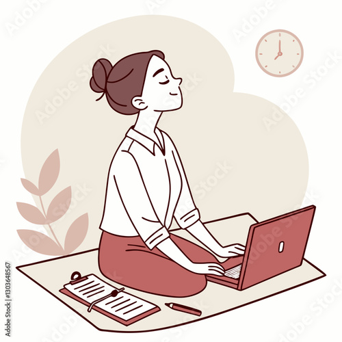 Vector Young woman meditating at office desk with closed eyes. Practicing mindfulness and relaxation for stress relief during work. Laptop, notebook nearby, promoting calm and focus in busy environmen